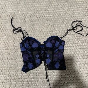 For Love And Lemons Blue and Black Floral Corset Bra